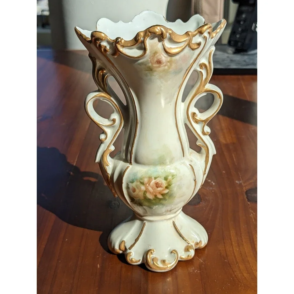 Rare Vintage French Paris Porcelain Hand Painted Vase Flower Gold Detail 7